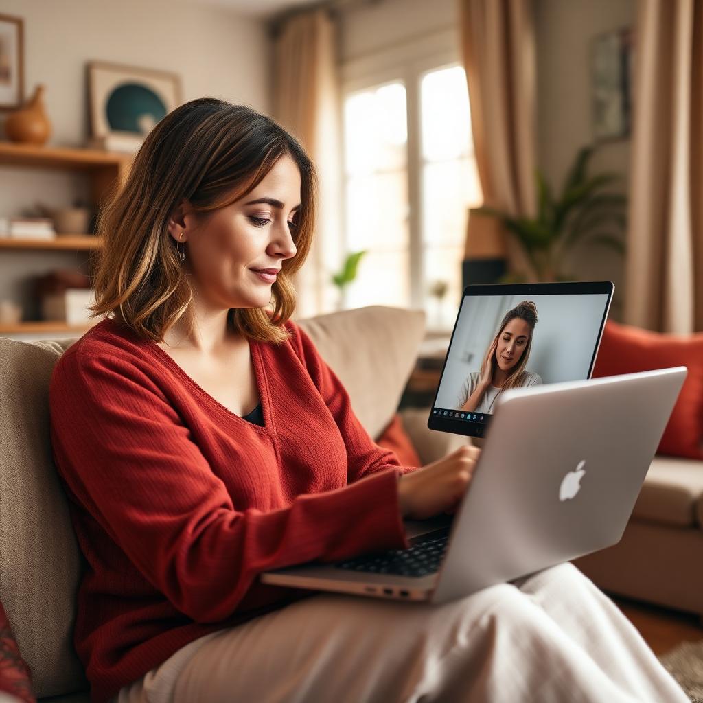 Mulher em sessão de terapia online por videochamada